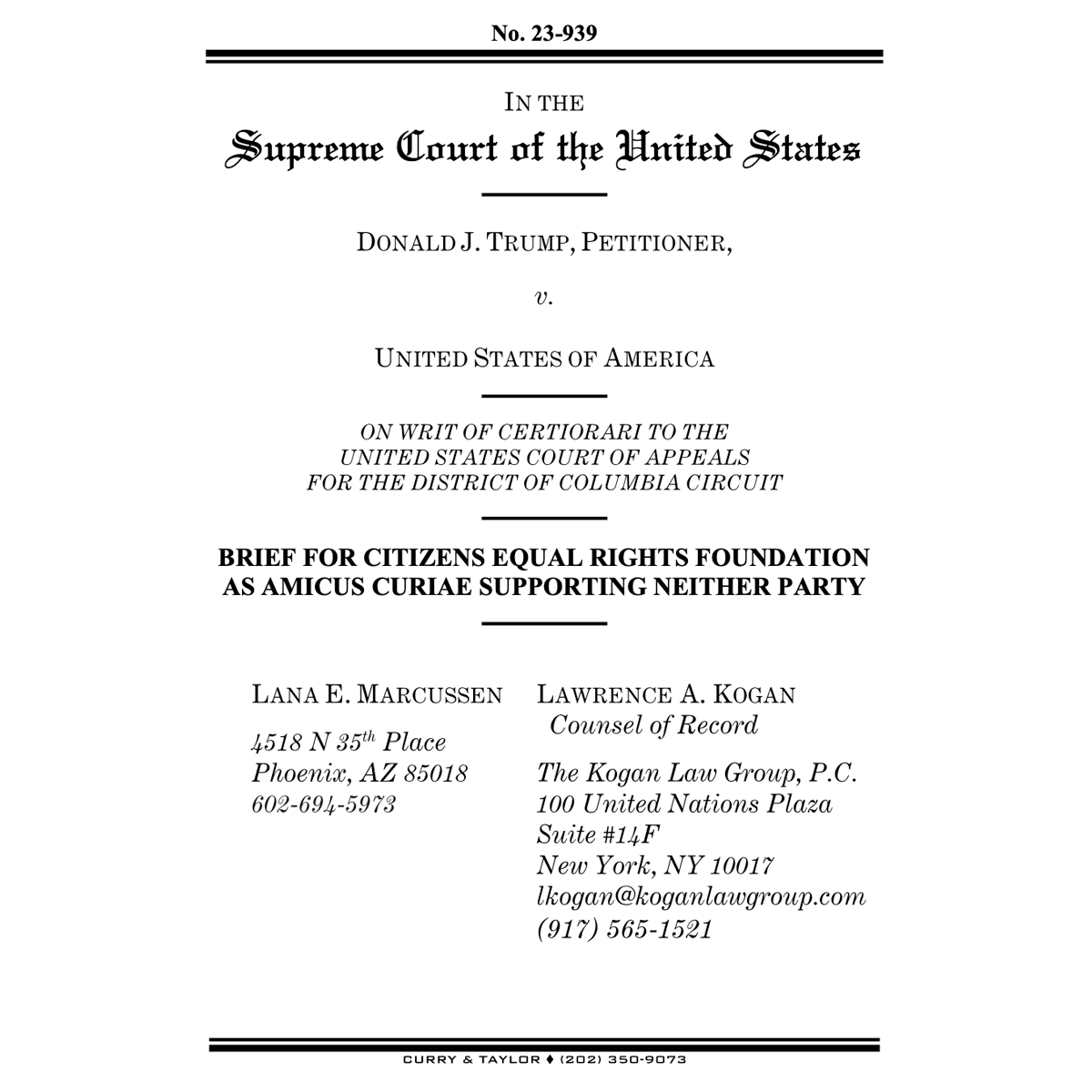 Donald J. Trump V. United States of America – CERF (Citizens Equal Rights Alliance) Amicus Brief Supporting Neither Party