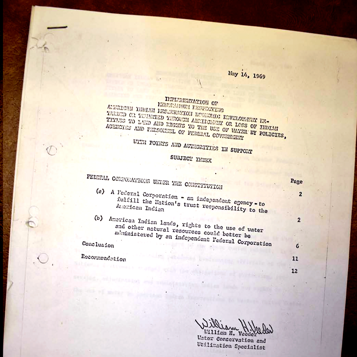  MAIN VEEDER TRUST MEMORANDUM
