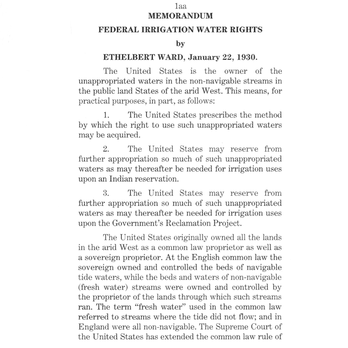 MEMORANDUM FEDERAL IRRIGATION WATER RIGHTS